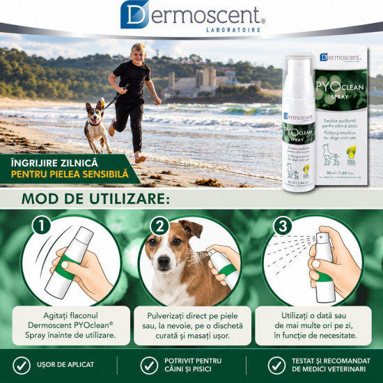 Dermoscent PYOclean Spray, spray dermatologic caini si pisici, 50 ml